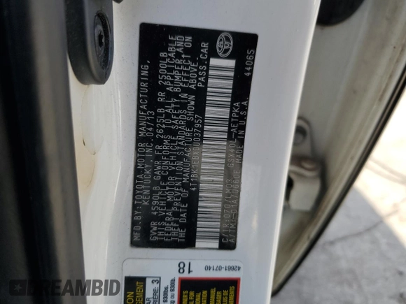 2013 Toyota Avalon XLE with VIN 4T1BK1EBXDU037957, listed as a Copart auction lot 84519374 with 149,287 mi miles and Salvage Title. Bid and sale history available at DreamBid. Image 12.