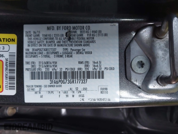 2016 Ford Fusion S with VIN 3FA6P0G73GR177327, listed as a IAAI auction lot 41217967 with 199,977 mi miles. Bid and sale history available at carsss.com. Image 9.