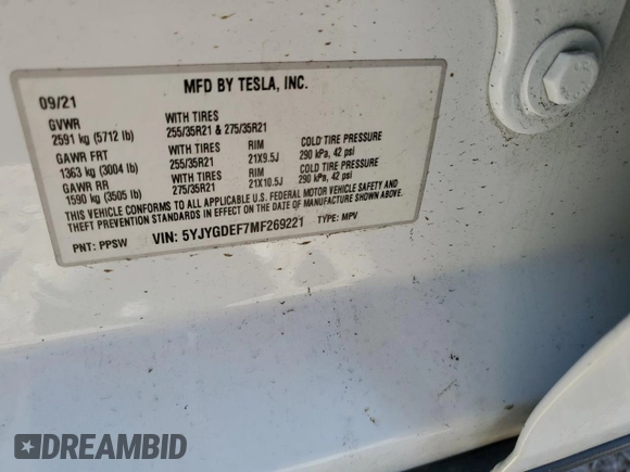 2021 Tesla Model Y Performance with VIN 5YJYGDEF7MF269221, listed as a Copart auction lot 52109785 with 61,619 mi miles and Salvage Title. Bid and sale history available at DreamBid. Image 13.
