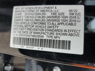 2022 Honda Pilot Special Edition with VIN 5FNYF5H27NB028049, listed as a Copart auction lot 53550535 with 49,813 mi miles and Salvage title. Bid and sale history available at DreamBid. Image 13.