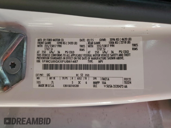 2015 Ford Escape SE with VIN 1FMCU0GXXFUB61487, listed as a Copart auction lot 52116665 with 115,921 mi miles and Salvage Title. Bid and sale history available at DreamBid. Image 13.