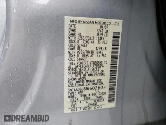 2008 Nissan Armada SE z VIN 5N1AA08C88N602607, wystawiony jako Copart lot #52255545 z przebiegiem 218 295 mil mil oraz Czysty tytuł • Clean title. Historia ofert i sprzedaży dostępna na DreamBid. Obrazek 13.
