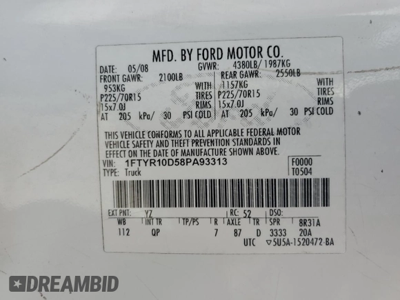 2008 Ford Ranger XL z VIN 1FTYR10D58PA93313, wystawiony jako Copart lot #53392785 z przebiegiem 146 584 mil mil oraz Szkoda całkowita • Salvage title. Historia ofert i sprzedaży dostępna na DreamBid. Obrazek 13.