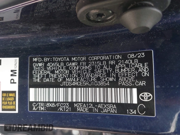 2024 Toyota Corolla SE with VIN JTDS4MCE5RJ103854, listed as a IAAI auction lot 42128851 with 53,379 mi miles. Bid and sale history available at carsss.com. Image 9.