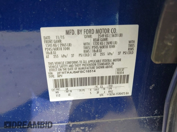 2015 Ford Edge SEL with VIN 2FMTK4J84FBC18514, listed as a IAAI auction lot 41807224 with 117,497 mi miles. Bid and sale history available at carsss.com. Image 9.