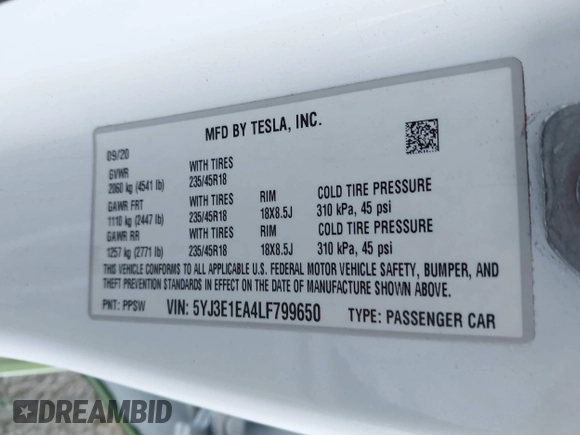 2020 Tesla Model 3 Standard Range Plus with VIN 5YJ3E1EA4LF799650, listed as a IAAI auction lot 41817538 with 54,835 mi miles. Bid and sale history available at carsss.com. Image 9.