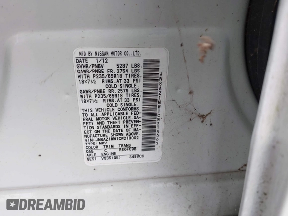 2012 Nissan Murano SL с VIN JN8AZ1MW1CW218002, выставлен на аукционе IAAI как лот 42551102 с пробегом 162 524 миль миль и . История ставок и продаж доступна на DreamBid. Изображение 9.