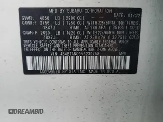 2022 Subaru Outback Limited with VIN 4S4BTANC9N3230758, listed as a Copart auction lot 49989005 with 20,227 mi miles and Salvage Title. Bid and sale history available at DreamBid. Image 13.