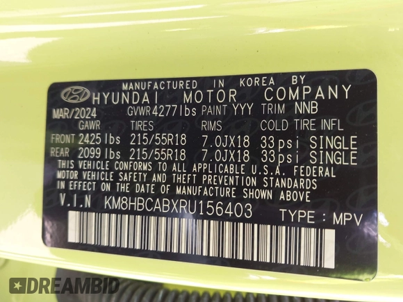 2024 Hyundai Kona SEL with VIN KM8HBCABXRU156403, listed as a IAAI auction lot 41978919 with 4,203 mi miles. Bid and sale history available at carsss.com. Image 9.