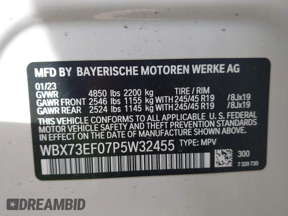 2023 BMW X1 xDrive28i with VIN WBX73EF07P5W32455, listed as a IAAI auction lot 41825701 with 12,453 mi miles and . Bid and sale history available at DreamBid. Image 9.
