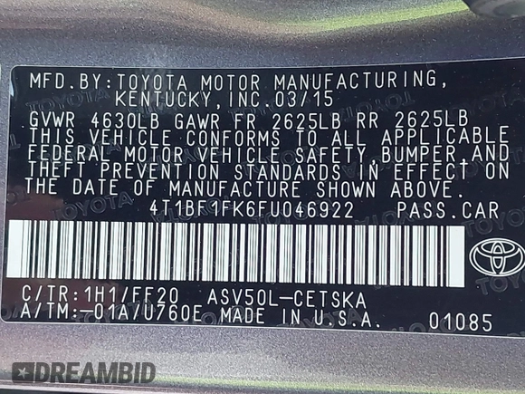 2015 Toyota Camry XLE with VIN 4T1BF1FK6FU046922, listed as a IAAI auction lot 41967284 with 82,487 mi miles and . Bid and sale history available at DreamBid. Image 9.