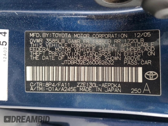 2006 Toyota Corolla CE with VIN JTDBR32E260062632, listed as a Copart auction lot 58434515 with 200,869 mi miles and Salvage title. Bid and sale history available at DreamBid. Image 12.