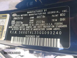 2016 Kia Optima LX with VIN 5XXGT4L35GG093240, listed as a IAAI auction lot 42380407 with 165,891 mi miles and . Bid and sale history available at DreamBid. Image 9.