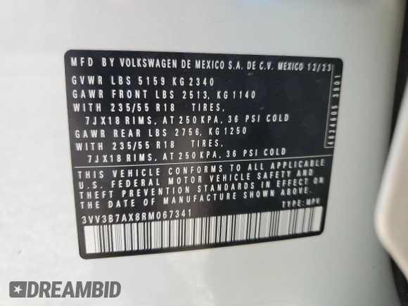 2024 Volkswagen Tiguan SE with VIN 3VV3B7AX8RM067341, listed as a Copart auction lot 59422165 with 12,464 mi miles and Salvage title. Bid and sale history available at DreamBid. Image 13.