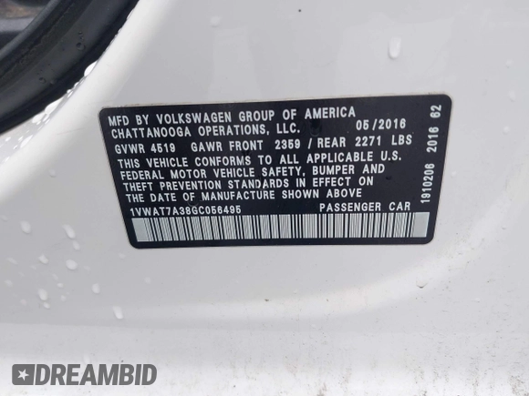 2016 Volkswagen Passat S with VIN 1VWAT7A38GC056495, listed as a IAAI auction lot 41965717 with 163,254 mi miles and . Bid and sale history available at DreamBid. Image 9.