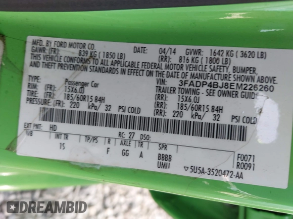 2014 Ford Fiesta SE with VIN 3FADP4BJ8EM226260, listed as a IAAI auction lot 41833140 with 188,917 mi miles and . Bid and sale history available at DreamBid. Image 9.
