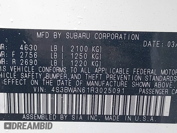 2024 Subaru Legacy Limited with VIN 4S3BWAN61R3025091, listed as a IAAI auction lot 39424271 with 300 mi miles and . Bid and sale history available at DreamBid. Image 9.