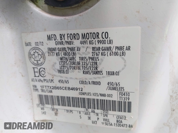 2012 Ford F-250 XL with VIN 1FT7X2B65CEB46912, listed as a IAAI auction lot 42292319 with 82,497 mi miles and . Bid and sale history available at DreamBid. Image 9.