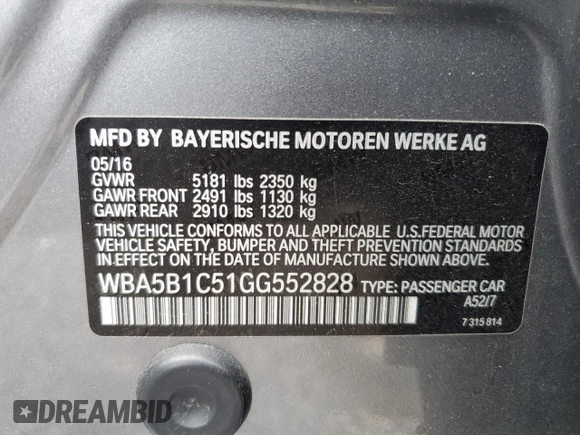 2016 BMW 5 Series 535i with VIN WBA5B1C51GG552828, listed as a Copart auction lot 52006305 with 41,331 mi miles and Salvage Title. Bid and sale history available at DreamBid. Image 13.