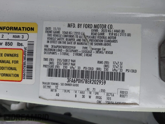 2014 Ford Fusion SE with VIN 3FA6P0H78ER202959, listed as a IAAI auction lot 41776630 with 93,295 mi miles. Bid and sale history available at carsss.com. Image 9.