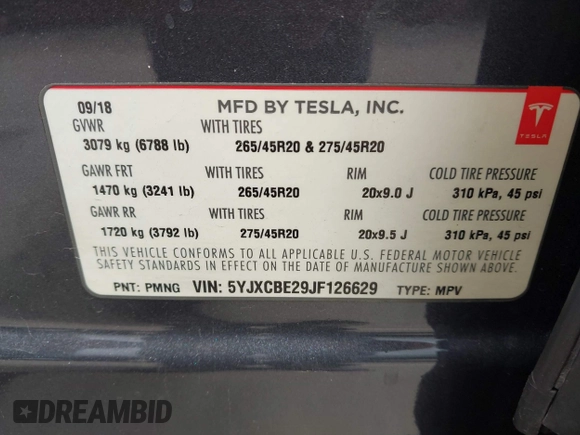2018 Tesla Model X 75D with VIN 5YJXCBE29JF126629, listed as a IAAI auction lot 42205838 with 47,343 mi miles and . Bid and sale history available at DreamBid. Image 9.