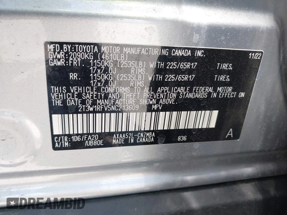 2022 Toyota RAV4 XLE z VIN 2T3W1RFV5NC213609, wystawiony jako IAAI lot #42561113 z przebiegiem 22 125 mil mil oraz . Historia ofert i sprzedaży dostępna na DreamBid. Obrazek 9.