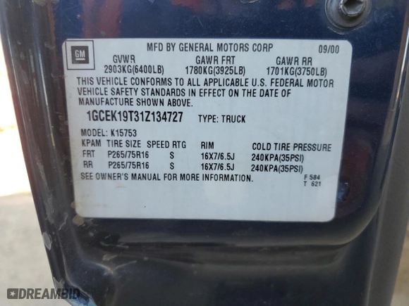 2001 Chevrolet Silverado 1500 LT with VIN 1GCEK19T31Z134727, listed as a Copart auction lot 46587895 with 285,020 mi miles and Salvage Title. Bid and sale history available at carsss.com. Image 14.