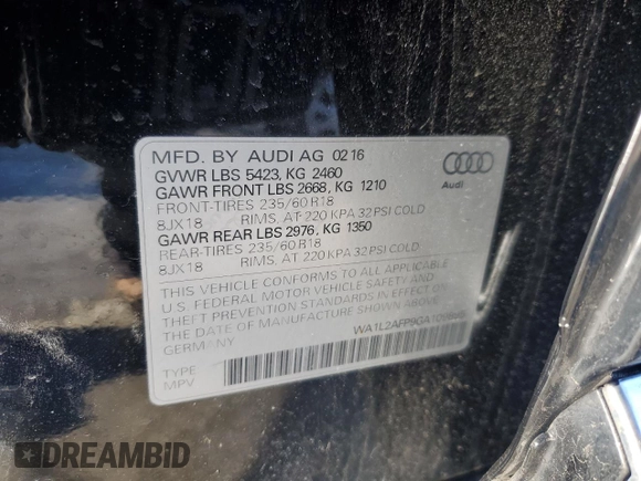 2016 Audi Q5 Premium Plus with VIN WA1L2AFP9GA109895, listed as a Copart auction lot 44201635 with 75,980 mi miles and Salvage Title. Bid and sale history available at carsss.com. Image 13.