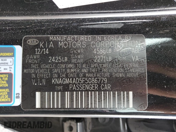 2015 Kia Optima z VIN KNAGM4AD5F5086779, wystawiony jako Copart lot #83497344 z przebiegiem 92 621 mil mil oraz Nie do naprawy • Non repairable. Historia ofert i sprzedaży dostępna na DreamBid. Obrazek 12.