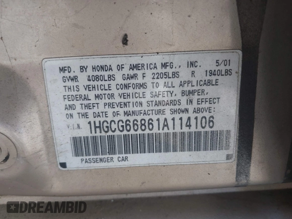 2001 Honda Accord EX z VIN 1HGCG66861A114106, wystawiony jako IAAI lot #42385834 z przebiegiem 172 395 mil mil oraz . Historia ofert i sprzedaży dostępna na DreamBid. Obrazek 9.