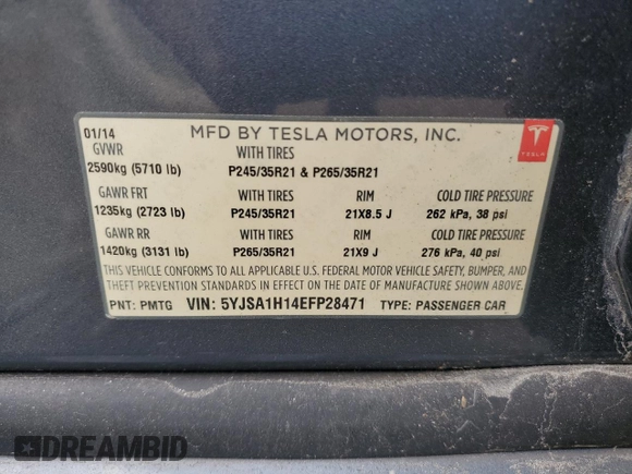 2014 Tesla Model S 60 with VIN 5YJSA1H14EFP28471, listed as a Copart auction lot 73715834 with 99,442 mi miles and Clean Title. Bid and sale history available at DreamBid. Image 12.