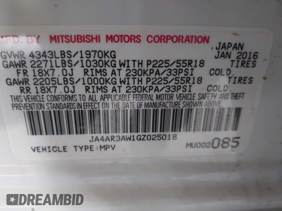 2016 Mitsubishi Outlander Sport 2.4 ES with VIN JA4AR3AW1GZ025018, listed as a IAAI auction lot 41021679 with 55,175 mi miles. Bid and sale history available at carsss.com. Image 9.