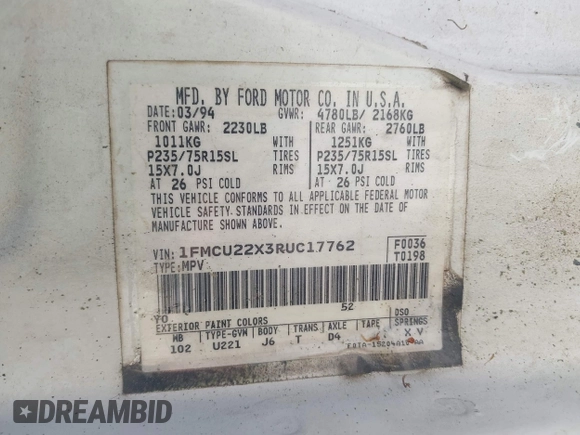 1994 Ford Explorer с VIN 1FMCU22X3RUC17762, выставлен на аукционе IAAI как лот 42236548 с пробегом 99 597 миль миль и . История ставок и продаж доступна на DreamBid. Изображение 9.