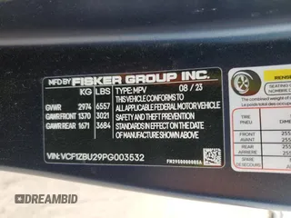 2023 Fisker Ocean One z VIN VCF1ZBU29PG003532, wystawiony jako Copart lot #50955695 z przebiegiem 13 922 mil mil oraz Szkody całkowita. Historia ofert i sprzedaży dostępna na DreamBid. Obrazek 13.