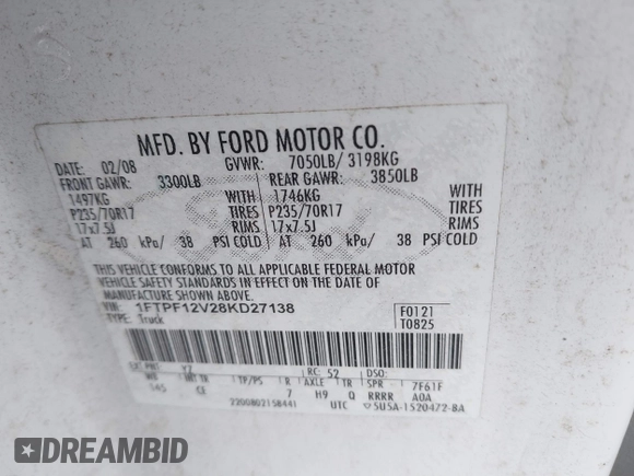 2008 Ford F-150 XL z VIN 1FTPF12V28KD27138, wystawiony jako IAAI lot #41106591 z przebiegiem 209 684 mil mil oraz . Historia ofert i sprzedaży dostępna na DreamBid. Obrazek 9.