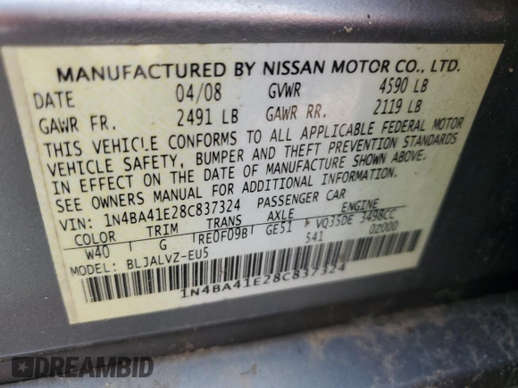 2008 Nissan Maxima 3.5 SE with VIN 1N4BA41E28C837324, listed as a Copart auction lot 67140294 with 0 mi miles and Salvage Title. Bid and sale history available at carsss.com. Image 12.