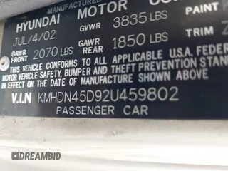 2002 Hyundai Elantra GLS с VIN KMHDN45D92U459802, выставлен на аукционе IAAI как лот 42193533 с пробегом 192 993 миль миль и . История ставок и продаж доступна на DreamBid. Изображение 9.