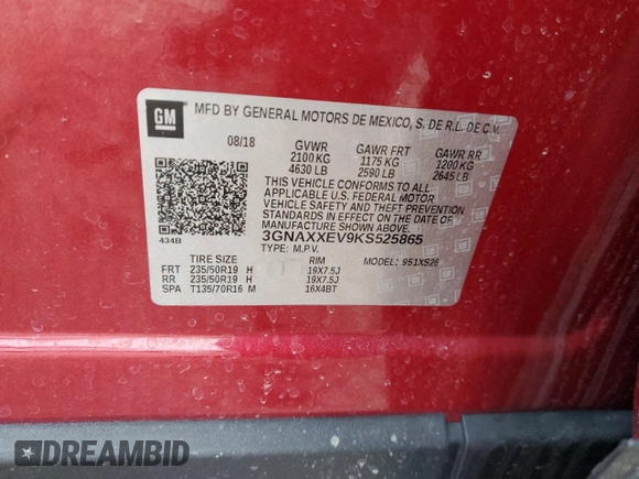 2019 Chevrolet Equinox Premier with VIN 3GNAXXEV9KS525865, listed as a Copart auction lot 51270795 with 59,387 mi miles and Salvage Title. Bid and sale history available at DreamBid. Image 13.