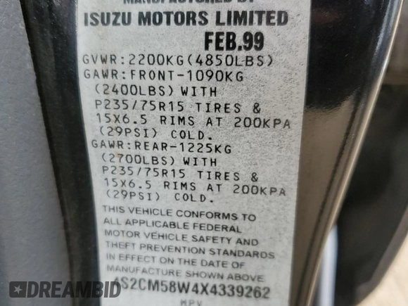 1999 Isuzu Rodeo S with VIN 4S2CM58W4X4339262, listed as a Copart auction lot 82804154 with 177,097 mi miles and Salvage Title. Bid and sale history available at carsss.com. Image 15.