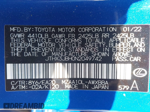 2022 Lexus UX with VIN JTHX3JBH0N2049742, listed as a IAAI auction lot 41917341 with 18,728 mi miles. Bid and sale history available at carsss.com. Image 9.