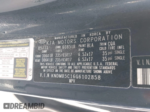 2016 Kia Sedona LX with VIN KNDMB5C16G6102858, listed as a IAAI auction lot 42201712 with 165,038 mi miles and . Bid and sale history available at DreamBid. Image 9.