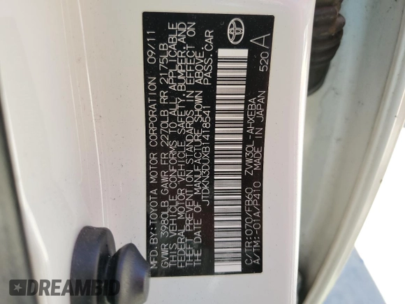 2011 Toyota Prius I with VIN JTDKN3DUXB1418541, listed as a Copart auction lot 53191935 with 111,459 mi miles and Salvage Title. Bid and sale history available at DreamBid. Image 12.