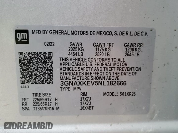 2022 Chevrolet Equinox LT with VIN 3GNAXKEV5NL182666, listed as a Copart auction lot 45246295 with 66,177 mi miles and Salvage Title. Bid and sale history available at DreamBid. Image 15.