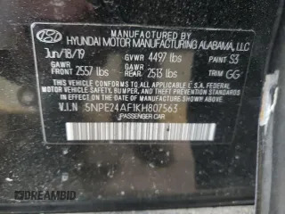 2019 Hyundai Sonata SE with VIN 5NPE24AF1KH807563, listed as a Copart auction lot 49001865 with Not Provided miles and Clean Title. Bid and sale history available at carsss.com. Image 12.
