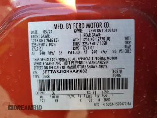 2024 Ford Maverick XLT z VIN 3FTTW8J92RRA91082, wystawiony jako Copart lot #41897715 z przebiegiem 3 702 mil mil oraz Szkoda całkowita • Salvage title. Historia ofert i sprzedaży dostępna na DreamBid. Obrazek 13.