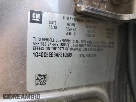 2010 Buick LaCrosse CXL with VIN 1G4GC5EG6AF310589, listed as a Copart auction lot 53831645 with Not Provided miles and Salvage Title. Bid and sale history available at DreamBid. Image 12.