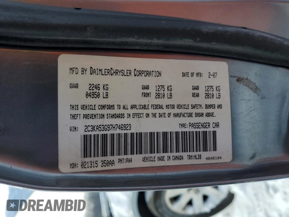 2007 Chrysler 300 Touring with VIN 2C3KA53G97H746923, listed as a Copart auction lot 45948125 with 183,571 mi miles and Salvage Title. Bid and sale history available at carsss.com. Image 12.