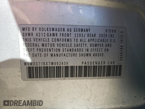 2007 Volkswagen Rabbit with VIN WVWDS71KX7W052439, listed as a Copart auction lot 42151354 with 95,865 mi miles and Salvage title. Bid and sale history available at DreamBid. Image 12.