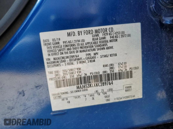 2019 Ford EcoSport Titanium with VIN MAJ6S3KLXKC289764, listed as a Copart auction lot 52997505 with 77,609 mi miles and Salvage Title. Bid and sale history available at DreamBid. Image 13.