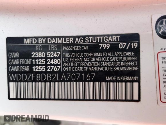 2020 Mercedes-Benz E 350 with VIN WDDZF8DB2LA707167, listed as a Copart auction lot 43819075 with 38,342 mi miles and Salvage Title. Bid and sale history available at DreamBid. Image 14.